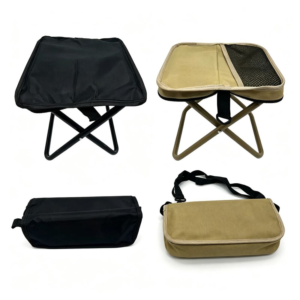 2-Pack Portable Folding Camping Stool Set (Black & Khaki）